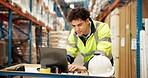 Warehouse, logistics and man on laptop for supply chain, shipment orders and online inventory. Distribution, storage depot and person on computer for inspection, shipping or delivery stock on website