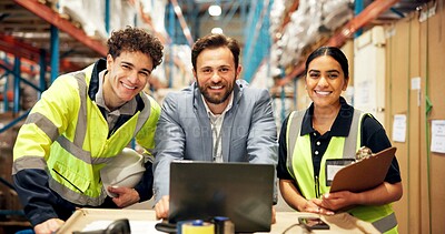 Buy stock photo Portrait, warehouse and logistics team with laptop for shipping, supply chain manager or about us. Storage, employees and happy people with computer for distribution checklist, pride or collaboration