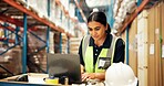Warehouse, logistics and woman on laptop for supply chain, shipment orders and online inventory. Distribution, storage depot and person on computer for research, shipping or delivery stock on website