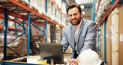 Buy stock photo Warehouse, portrait and man on laptop for supply chain, online inspection and shipment inventory. Distribution, storage depot and manager on computer for logistics, shipping or delivery schedule