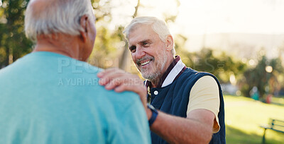 Buy stock photo Fitness, outdoor and senior men with support for friends, encouragement and motivation for exercise. Retirement, park and elderly people with commitment to health, comfort and wellness training