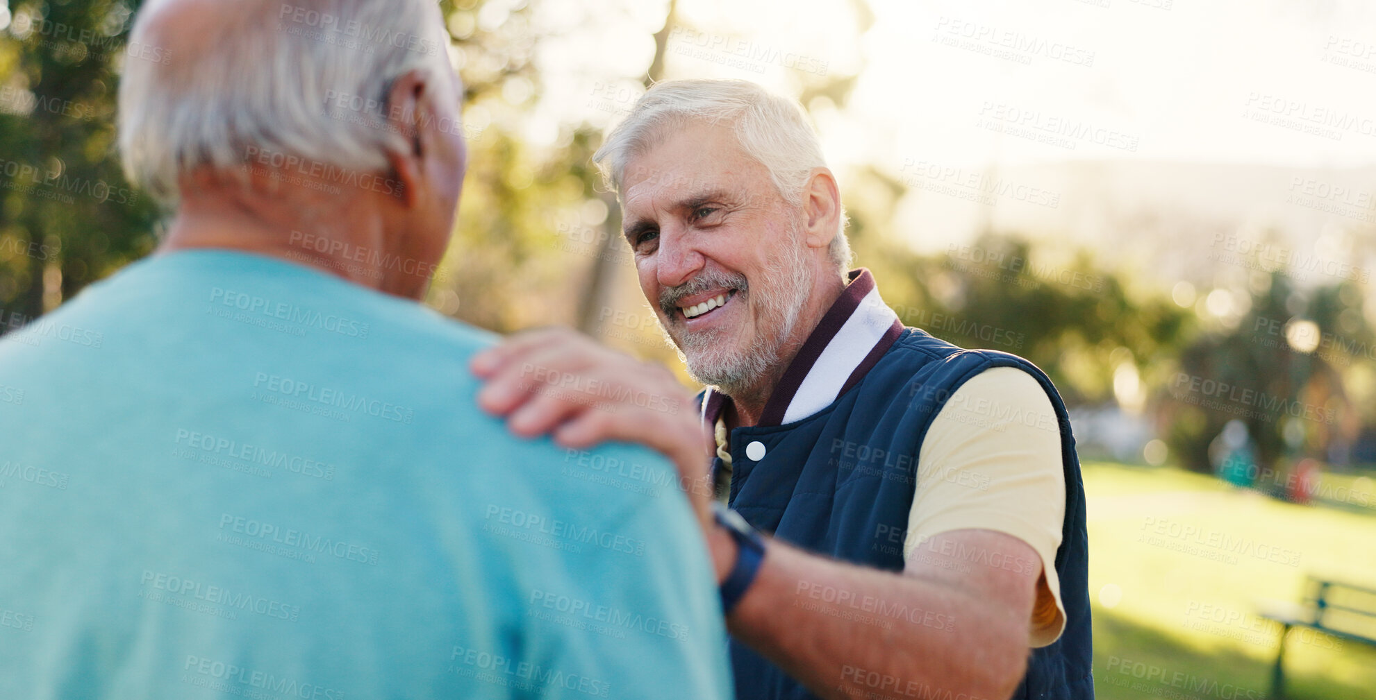 Buy stock photo Fitness, outdoor and senior men with support for friends, encouragement and motivation for exercise. Retirement, park and elderly people with commitment to health, comfort and wellness training