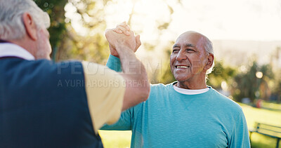 Buy stock photo Fitness, senior men and high five at park for workout success, wellness progress and support. Retirement health, elderly teamwork or happy with celebration in nature for exercise goals or achievement