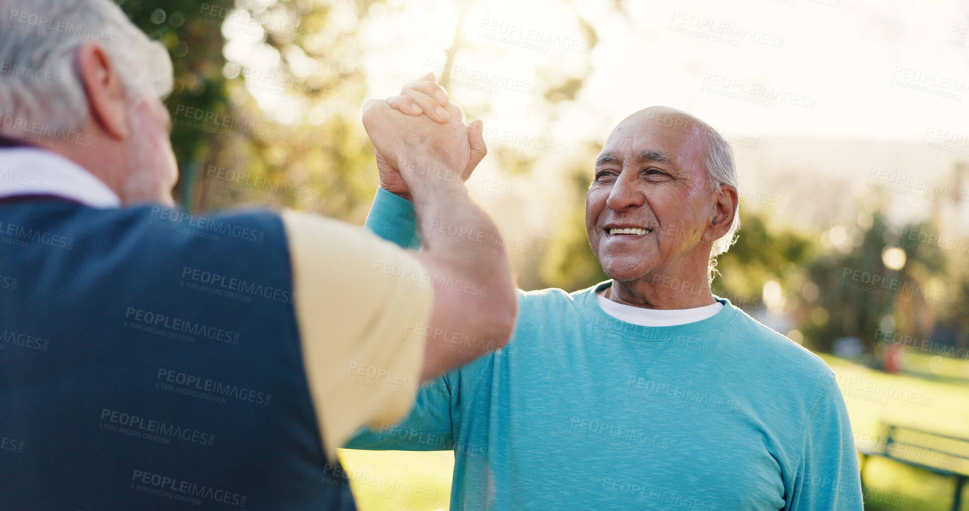 Buy stock photo Fitness, senior men and high five at park for workout success, wellness progress and support. Retirement health, elderly teamwork or happy with celebration in nature for exercise goals or achievement