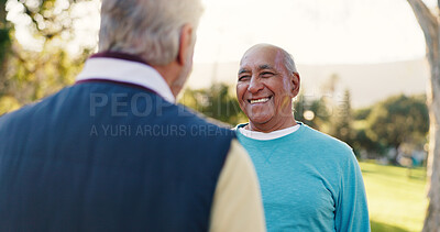 Buy stock photo Smile, senior men and friends for fitness outdoor with discussion, exercise and bonding together. Happy, elderly people and talking for rehabilitation, training break and chat for wellness at park