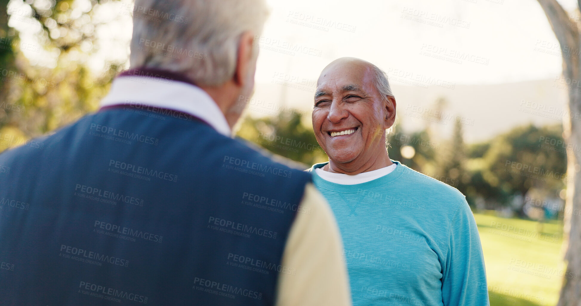 Buy stock photo Smile, senior men and friends for fitness outdoor with discussion, exercise and bonding together. Happy, elderly people and talking for rehabilitation, training break and chat for wellness at park