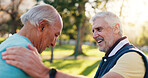 Fitness, park and senior men with support for friends, encouragement and motivation for exercise. Retirement, outdoor workout and elderly people with commitment to health, flare and wellness training