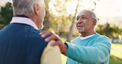 Buy stock photo Fitness, outdoor and elderly men with support for friends, encouragement or motivation for exercise. Retirement, park workout or old people with commitment to health, mobility and wellness training