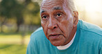 Tired, old man and break in nature, fitness or recovery after exercise routine, outdoor and wellness. Park, fatigue and elderly person with health goals, exhausted and thinking of workout or training