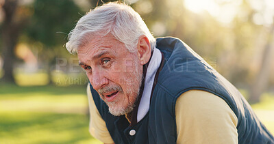 Buy stock photo Outdoor, old man and tired in nature, fitness or recovery after exercise routine, break and wellness. Park, fatigue and elderly person with health goals, exhausted and thinking of workout or training