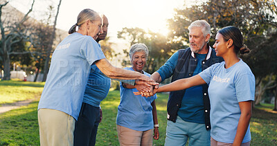 Buy stock photo People, volunteer and stack hands at park, motivation and celebration with social responsibility. Women, men and excited with senior team, support or goals with success at charity event in summer