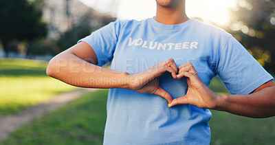 Buy stock photo Heart hands, volunteer and charity at park, accountability and outdoor with social responsibility. Person, symbol and gesture for ngo, love emoji and call to action for kindness with icon for giving