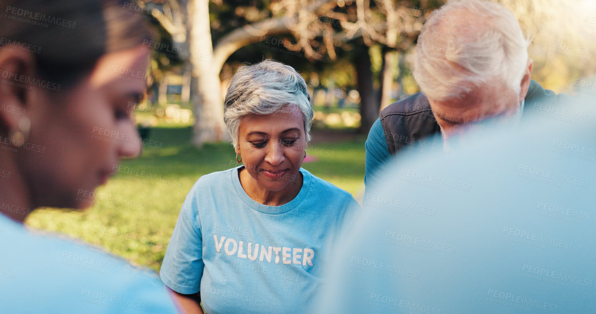 Buy stock photo Volunteer, park and senior people with packages for food drive, charity event and donation. Helping, team and men with woman with parcel for outreach program, community service and nonprofit outdoor