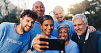 Volunteer, happy and selfie of people in park for outreach program, charity event and community service. Team, nonprofit and photo of men and women for ngo website, social media and memory outdoor