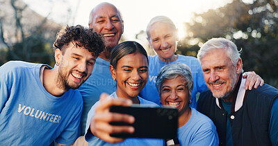 Buy stock photo Volunteer, happy and selfie of people in park for outreach program, charity event and community service. Team, nonprofit and photo of men and women for ngo website, social media and memory outdoor