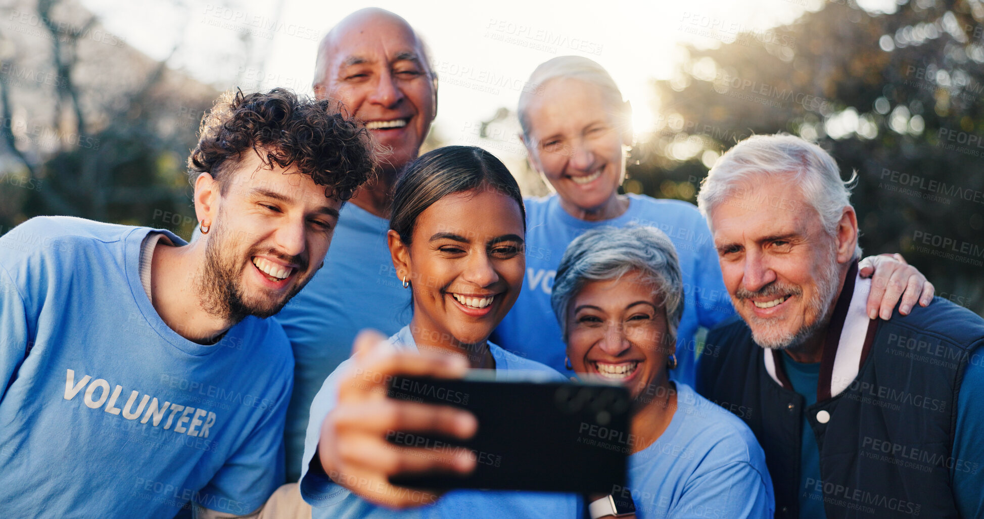 Buy stock photo Volunteer, happy and selfie of people in park for outreach program, charity event and community service. Team, nonprofit and photo of men and women for ngo website, social media and memory outdoor