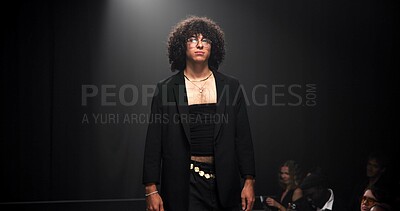 Buy stock photo Man, model and runway with event for fashion show, garment collection or designer brand. Male person, crowd or audience with clothing line or outfit for publicity or new aesthetic trend on catwalk