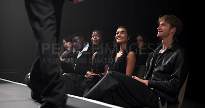 Buy stock photo People, crowd and catwalk with smile for fashion show, garment collection or designer brand. Group, audience or performance with clothing line or outfit for publicity, new aesthetic trend or wardrobe