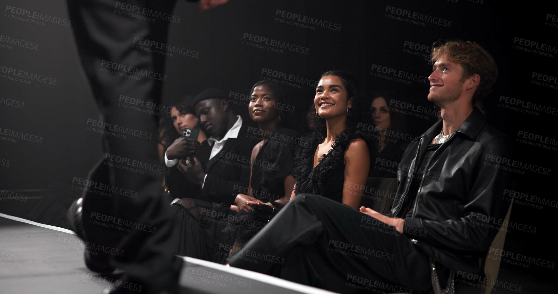 Buy stock photo People, crowd and catwalk with smile for fashion show, garment collection or designer brand. Group, audience or performance with clothing line or outfit for publicity, new aesthetic trend or wardrobe