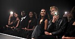 People, crowd and catwalk with phone for fashion show, garment collection or designer brand. Group, audience and photography for clothing line, outfit or publicity for new aesthetic trend or wardrobe