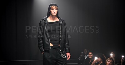 Buy stock photo Man, model and catwalk with event for fashion show, garment collection or designer brand. Male person, crowd or paparazzi with clothing line or outfit for publicity or new aesthetic trend on runway