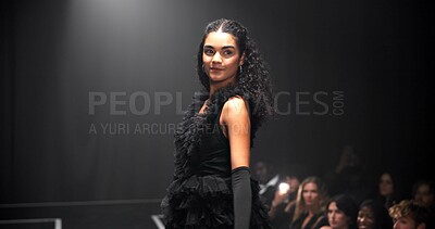 Buy stock photo Woman, model and catwalk with event for fashion show, garment collection or designer brand. Person, crowd or paparazzi with clothing line or outfit for publicity or new aesthetic trend on runway