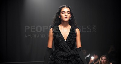 Buy stock photo Woman, model and runway with luxury for fashion show, garment collection or designer brand. Space, crowd or paparazzi with clothing line or outfit for publicity or new aesthetic trend on catwalk