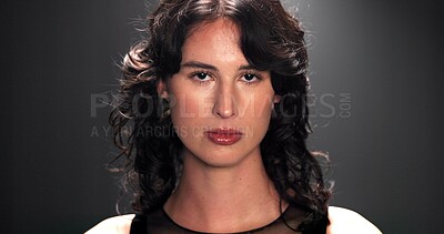 Buy stock photo Runway, fashion and portrait of model at couture show for clothing brand, collection or label launch. Serious, elegant and female person on catwalk for designer line with stylish outfit at event.