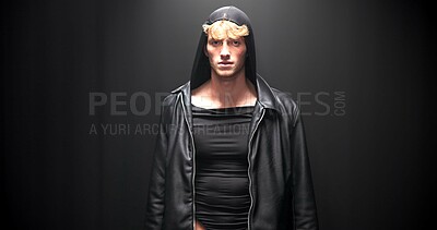 Buy stock photo Catwalk, man and portrait of model at fashion show for clothing brand, collection or label launch. Serious, elegant and male person on runway for designer line with stylish outfit at couture event.