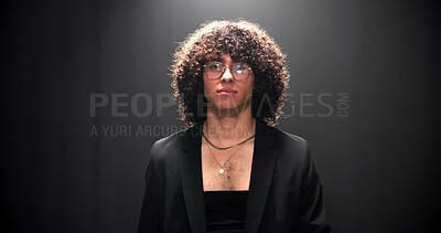 Buy stock photo Runway, man and portrait of model at fashion event for clothing brand, collection or label launch. Serious, elegant and male person on catwalk for designer line with stylish outfit at couture show.