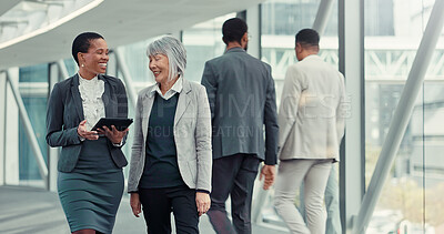 Buy stock photo Office, hallway and women with tablet, laughing and criminal attorney with info for case or teamwork. Online, research and lawyers with tech for legal evidence, discussion and planning for trial