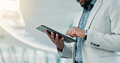 Buy stock photo Hands, tablet and business man in office for policy research, risk management or check schedule. Technology, insurance broker and person in company for claims update, corporate email or communication