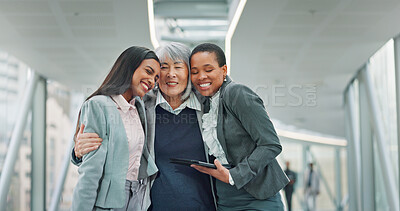 Buy stock photo Happy, business people or women in office with hug for success, leadership or manager satisfaction. Smile, mature person or team in workplace with embrace for management pride, diversity and bonding.