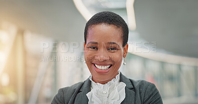 Buy stock photo Portrait, business and black woman with smile at airport for travel, career pride and international flight. Happy, female person and confident for departure, airplane transport and work trip aboard