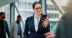 Phone, smile and business woman in hotel lobby for online booking, hospitality or reservation. Concierge, mobile and happy person in workplace for communication, check in update or admin notification