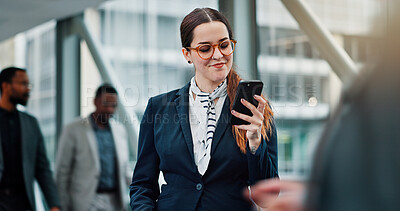 Buy stock photo Phone, smile and business woman in hotel lobby for online booking, hospitality or reservation. Concierge, mobile and happy person in workplace for communication, check in update or admin notification