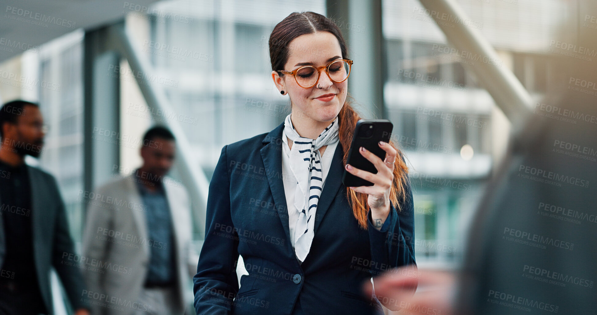 Buy stock photo Phone, smile and business woman in hotel lobby for online booking, hospitality or reservation. Concierge, mobile and happy person in workplace for communication, check in update or admin notification