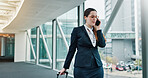 Business woman, luggage and walk in airport for phone call, communication and networking or travel booking. Negotiation, suitcase and lawyer in lobby on tech for international trip or flight schedule