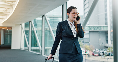 Buy stock photo Business woman, luggage and walk for phone call, attorney or legal networking or travel booking in airport. Negotiation, suitcase and lawyer in lobby on tech for international trip or flight schedule
