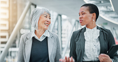 Buy stock photo Walking, business people or lawyer in office with discussion for advocacy, legal case or manager advice. Mature person, women and talk with attorney management for lawsuit plan, feedback and justice.