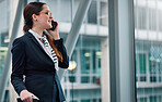Business woman, luggage and smile in airport for phone call, communication and networking or travel booking. Negotiation, suitcase or lawyer in lobby on tech for international trip or flight schedule
