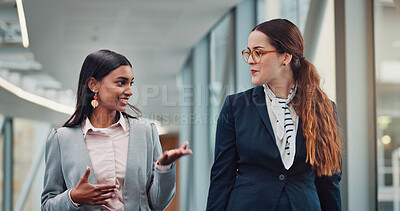 Buy stock photo Walking, business people or lawyer in office with conversation for advocacy, legal case or advice. Women, justice team and talking with attorney for lawsuit administration, feedback or collaboration.