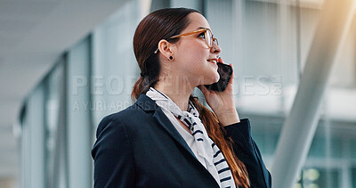 Buy stock photo Business woman, smile and lobby for phone call, attorney and networking or travel booking. Negotiation, talking or lawyer in airport terminal on tech for international trip or flight schedule