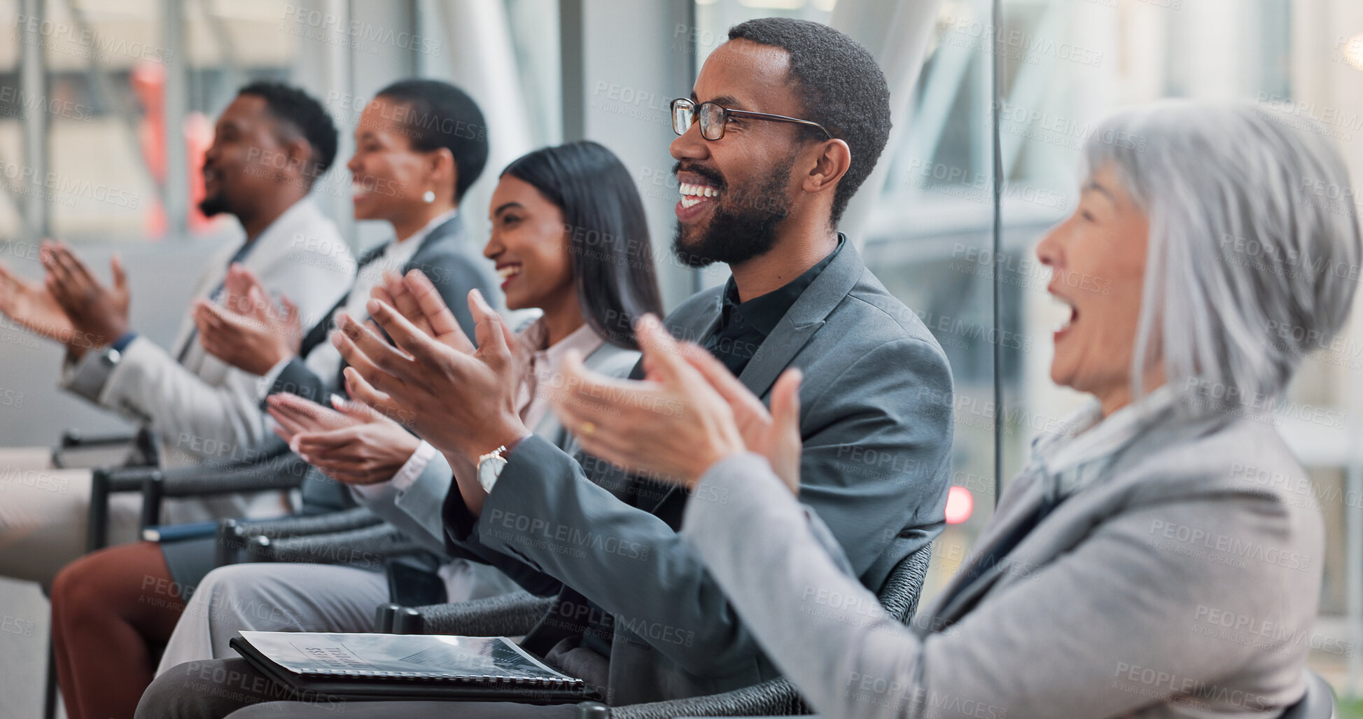 Buy stock photo Applause, presentation and business people with audience for team building, victory and goal. Clapping hands, celebration and crowd of workers with thank you event, conference or meeting in office