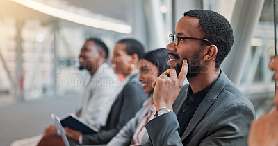Buy stock photo Business people, meeting and smile in conference, workshop or presentation for feedback at office. Group, employees and audience with thinking in team training for support seminar at workplace