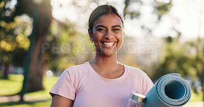 Buy stock photo Portrait, outdoor and happy woman with yoga mat in park for self care, fitness training and confident. Morning pilates, holistic exercise and person with smile in nature, health and wellness practice