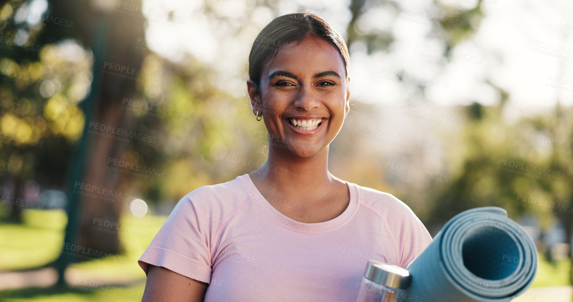 Buy stock photo Portrait, outdoor and happy woman with yoga mat in park for self care, fitness training and confident. Morning pilates, holistic exercise and person with smile in nature, health and wellness practice