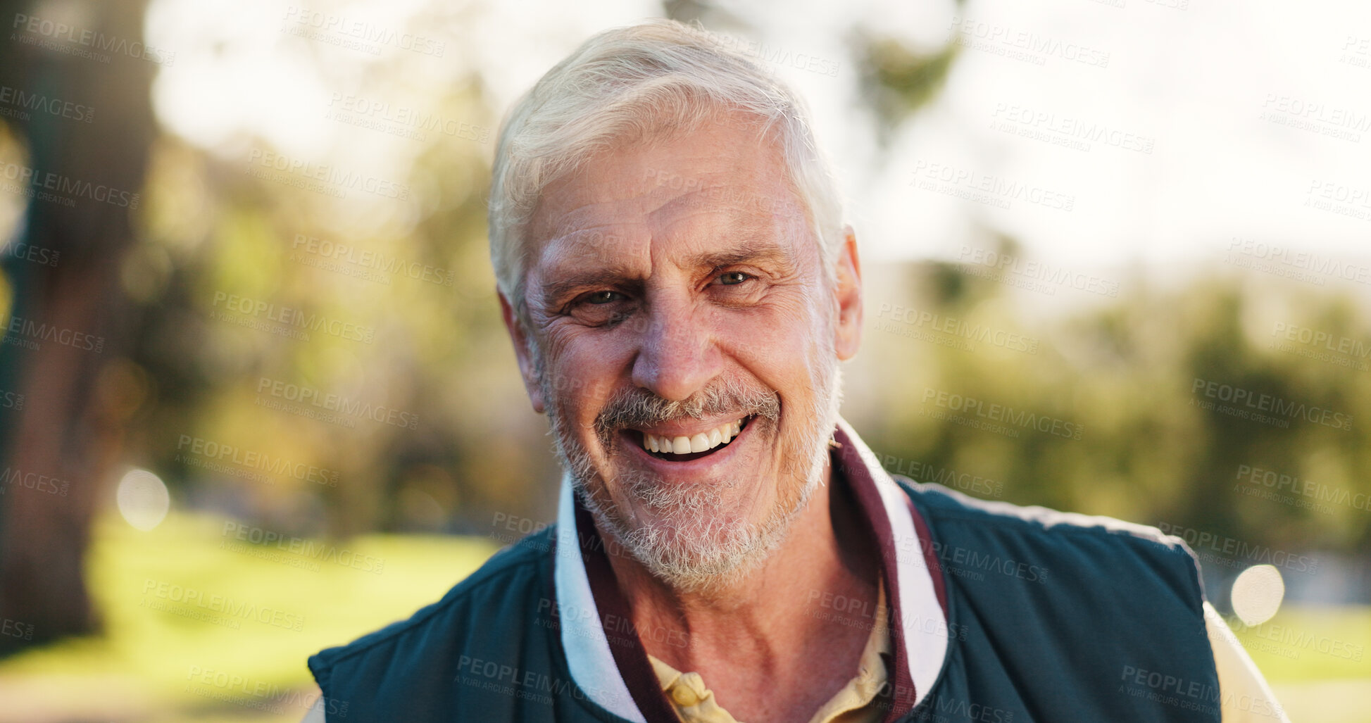 Buy stock photo Portrait, retirement and smile of old man in park for fresh air, summer afternoon or wellness. Break, relax and weekend with teeth of happy senior person outdoor in nature for me time satisfaction