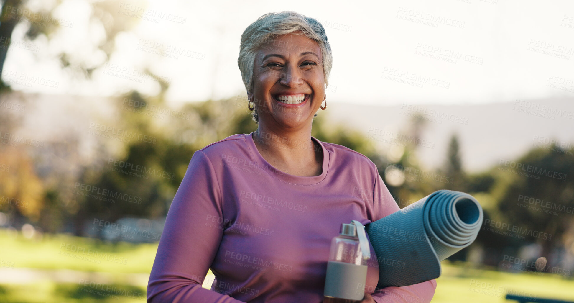 Buy stock photo Portrait, senior woman and smile in park for pilates workout, fitness training or retirement health. Mobility support, happy and elderly person with yoga mat for outdoor exercise, nature and wellness