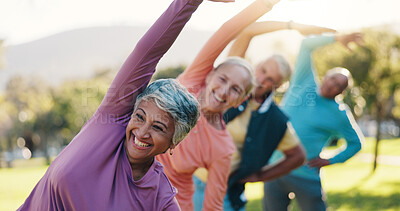 Buy stock photo Class, stretching and fitness with old people in park for wellness, workout or mobility exercise. Joint friendly training, retirement and learning with senior men and women outdoor for health